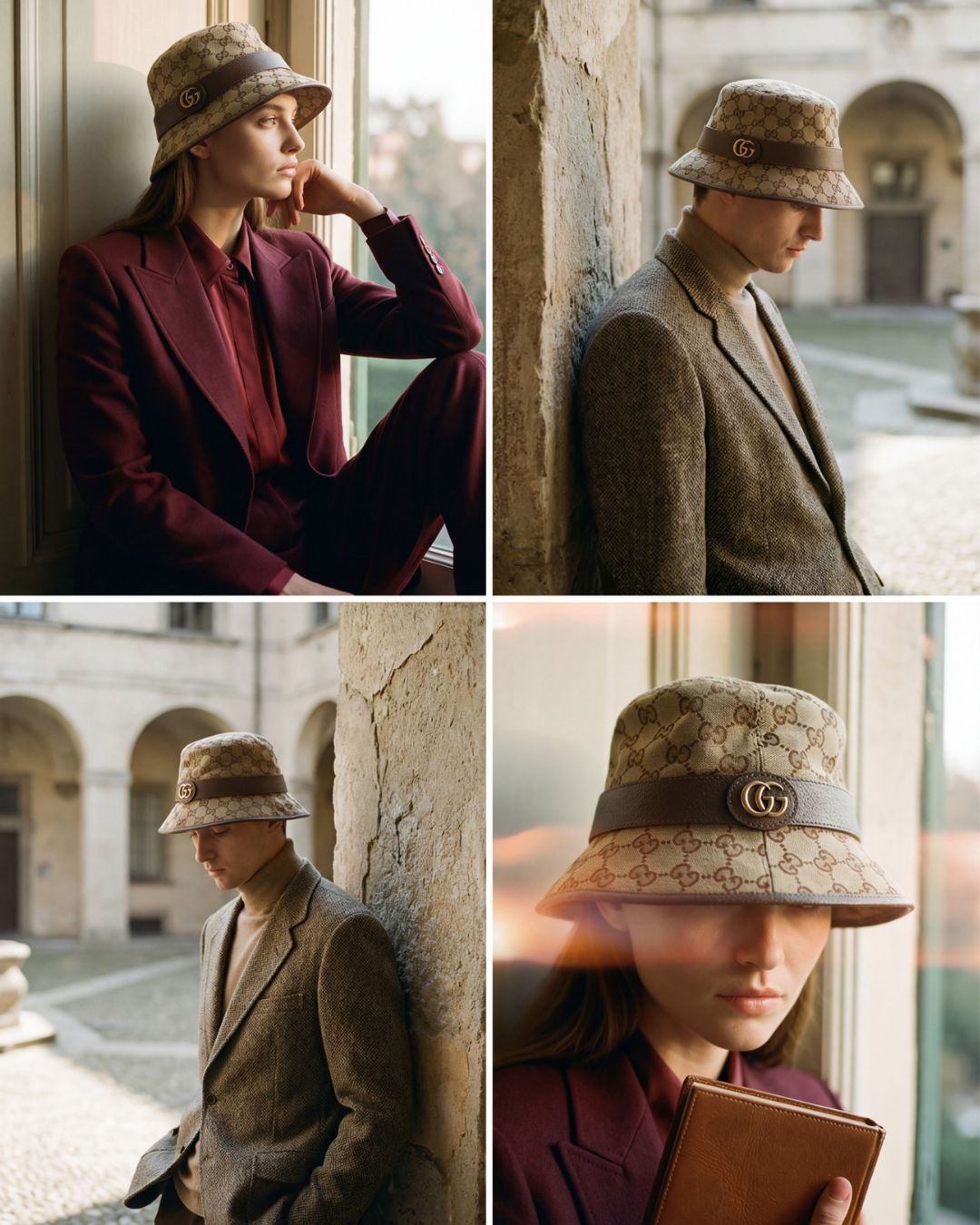 Editorial moda con cappello in quattro ambientazioni generate con AI