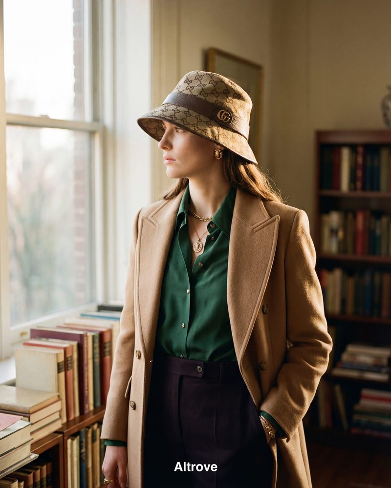 Fashion editorial — modella con cappello in libreria, AI generated